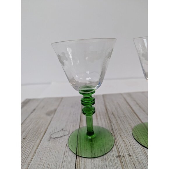 Vintage 5" Juice Cordial Cocktail Glasses Set Of 2 Green Stem Grapes - Picture 2 of 6